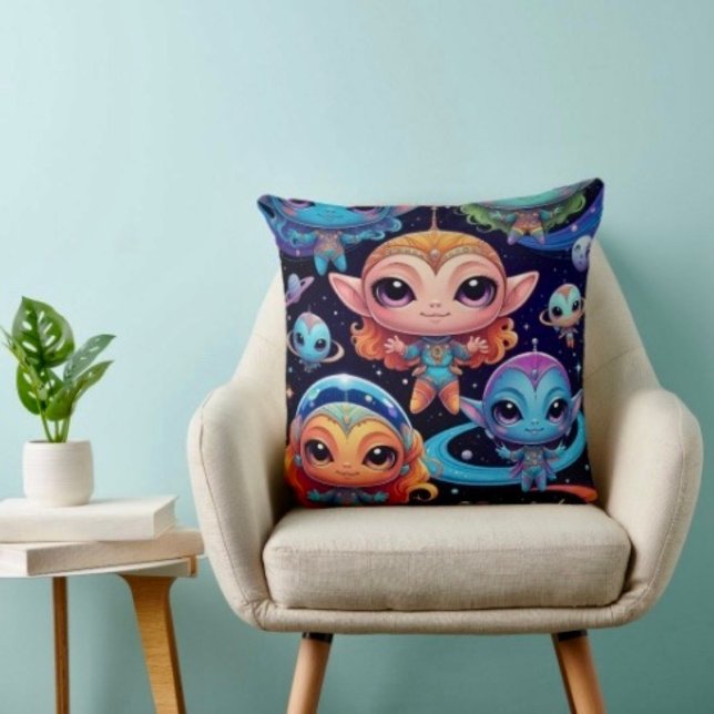 Small Multi-Coloured Aliens in Space Throw Pillow (Creator Uploaded)