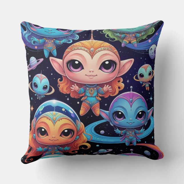 Small Multi-Coloured Aliens in Space Throw Pillow (Back)