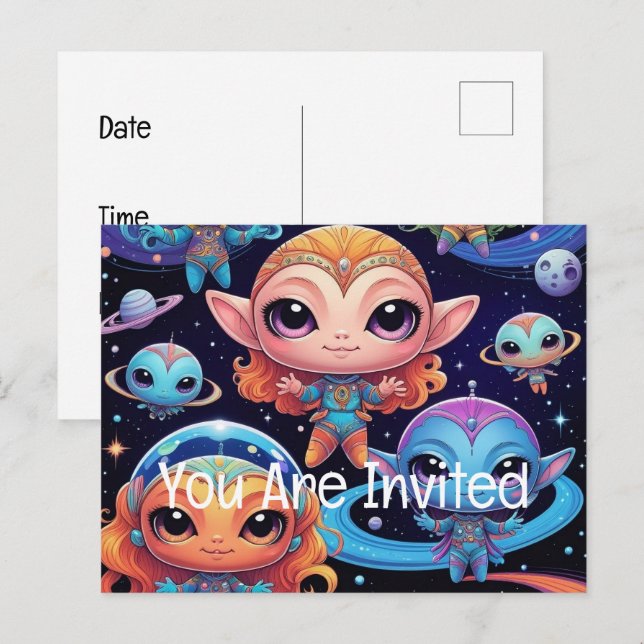 Small Multicolored Aliens in Space  Invitation Postcard (Front/Back)
