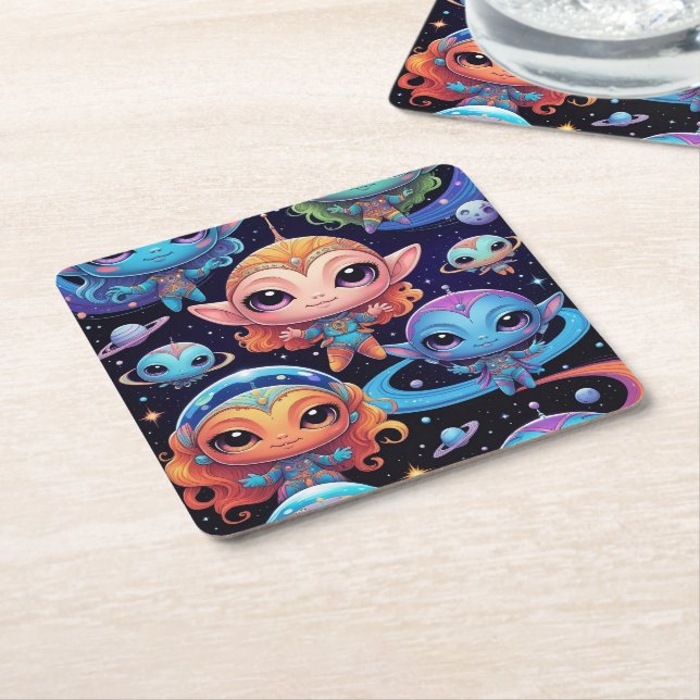 Small Multicoloured Aliens in Space Square Paper Coaster (Angled)