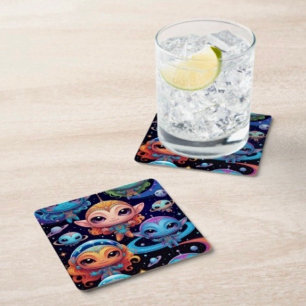 Small Multicoloured Aliens in Space Square Paper Coaster