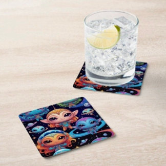 Small Multicoloured Aliens in Space Square Paper Coaster
