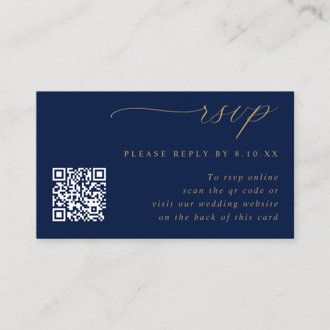 Small Navy Blue and Gold Wedding QR Code RSVP Enclosure Card (Front)