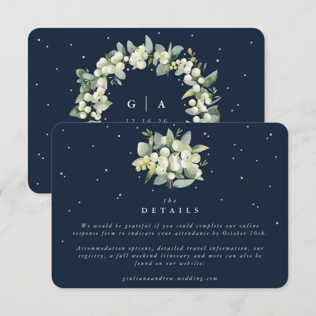 Small Navy Snowberry+Eucalyptus Wedding Details Enclosure Card (Front/Back)