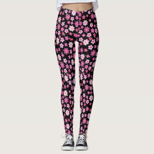 Small Pink Flowers Pattern C10 Black BG Leggings
