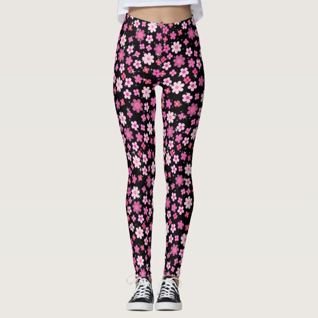 Small Pink Flowers Pattern C10 Black BG Leggings (Front)