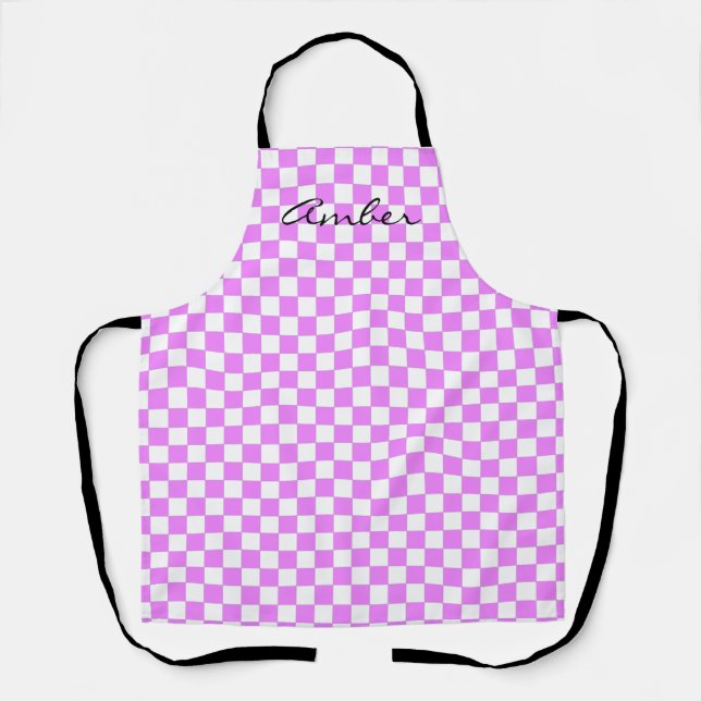 Small Pink White Chequered Pattern Personalized Ap Apron (Front)