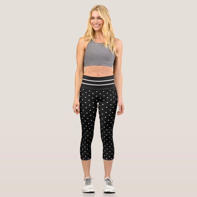 Small Polka Dot Black White With Stripes Capri Leggings (Front)