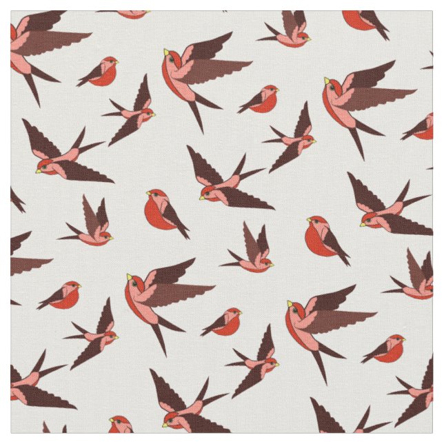 Small red bird flying, sitting, Folk art print Fabric (Close Up)