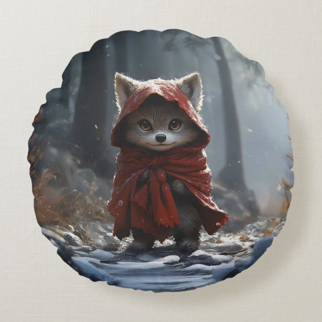 Small red chaperone wolf round pillow (Front)