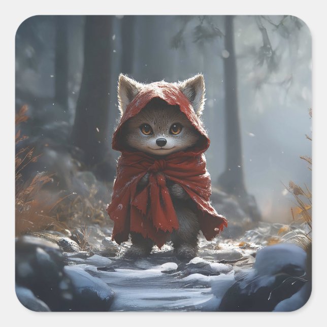 Small red chaperone wolf square sticker (Front)