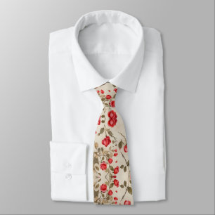 Small Red Tea Roses Cream Light Beige Tie