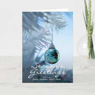 Small reflective blue bauble on white Christmas Holiday Card