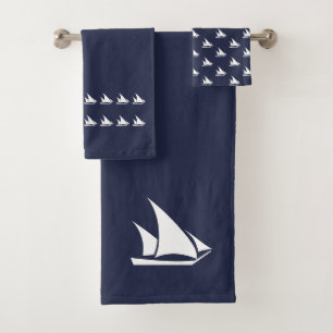 Small Sailboat Bathroom  Ocean Blue & white Bath Towel Set