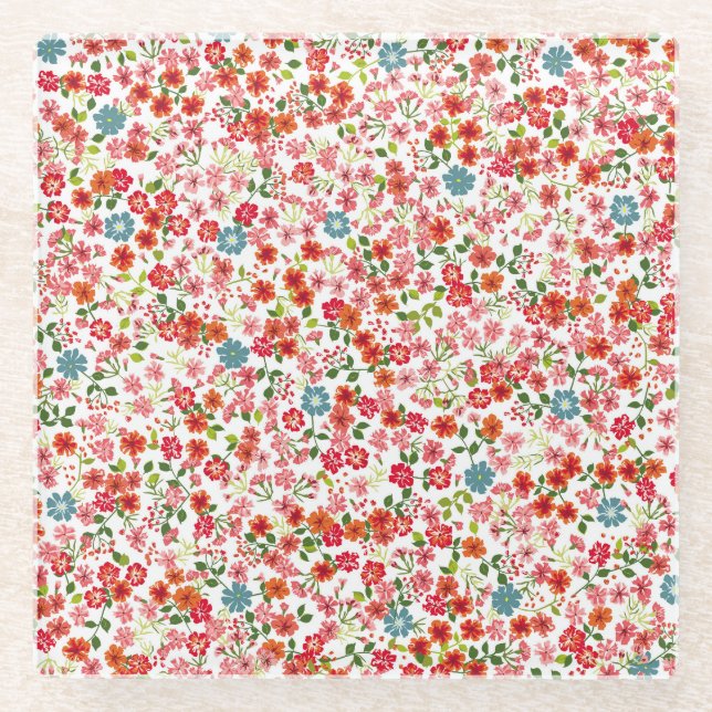 Small-scale flowers, calico style seamless backgro glass coaster (Front)