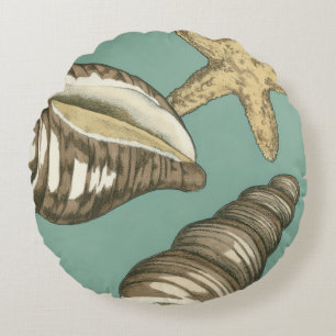 Small Shell Trio on Teal Round Pillow