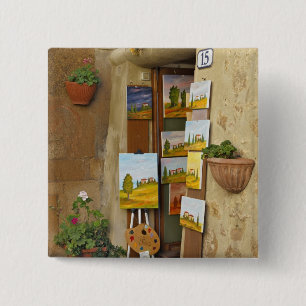 Small shope with artwork for sale on sidewalk 2 inch square button