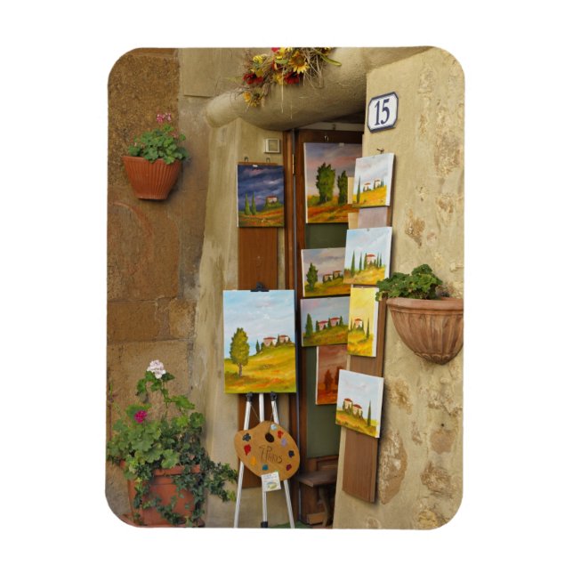 Small shope with artwork for sale on sidewalk magnet (Vertical)