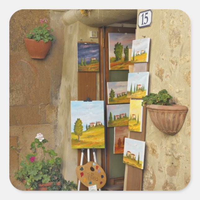 Small shope with artwork for sale on sidewalk square sticker (Front)