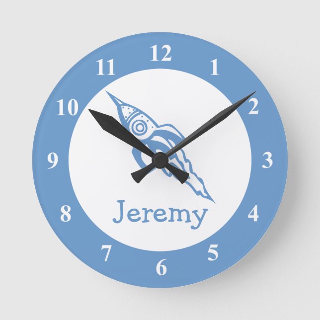 Small space rocket with custom baby name round clock (Front)