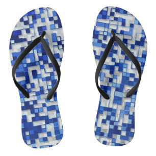 Small squares overlapped, tones of blue with white flip flops