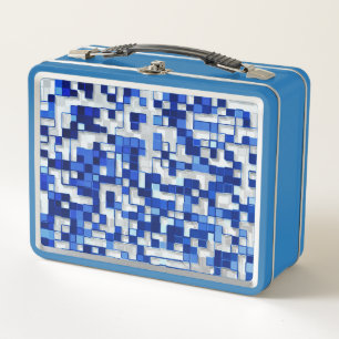 Small squares scattered, tones of blue with white metal lunch box
