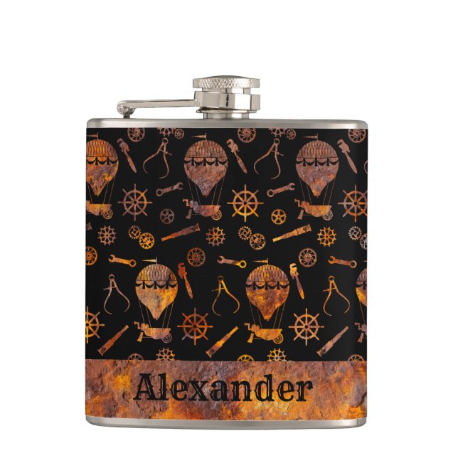 Small Steampunk Colourful Rusty Balloons Theme Hip Flask (Front)