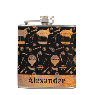 Small Steampunk Rusty Airship Theme Custom Name Hip Flask