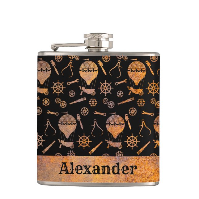 Small Steampunk Rusty Balloon Theme Custom Name Hip Flask (Front)