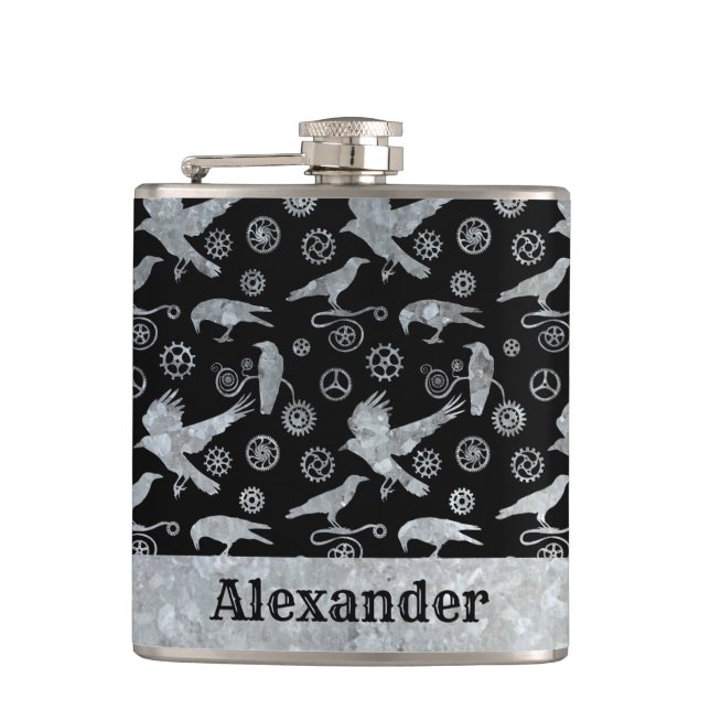 Small Steampunk Silver Zinc Gears and Crows Custom Hip Flask (Front)