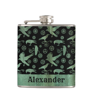 Small Steampunk Verdigris Gears and Crows Custom Hip Flask