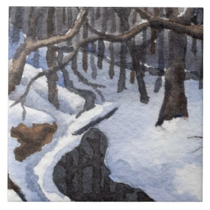 Small stream in a winter snow with dark waters tile