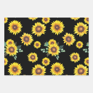 Small Sunflower pattern on black Background Wrapping Paper Sheet