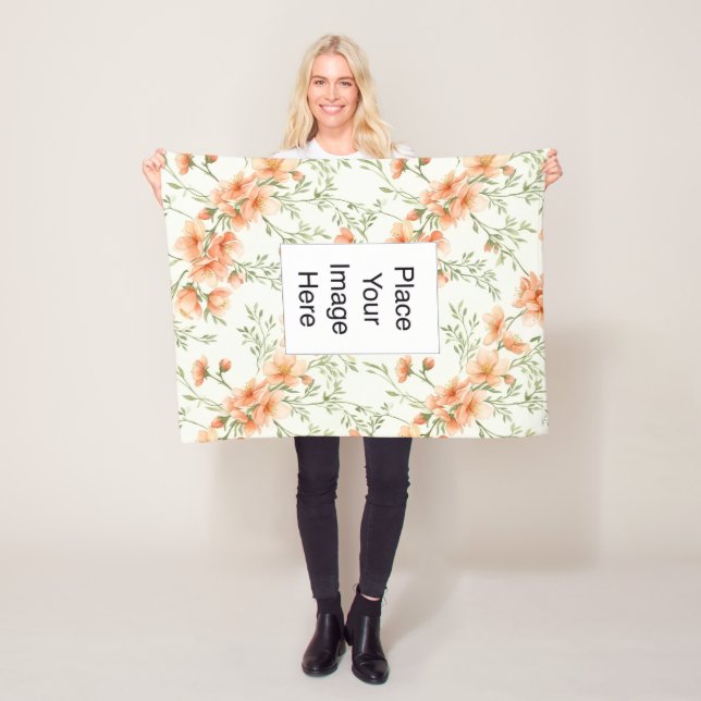 Small Throw Blanket, Peach Flowers, Add Name/Pic Fleece Blanket (In Situ)
