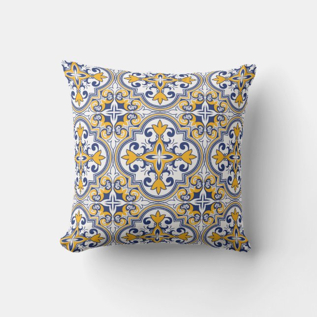 💙💛 Small tiles blue and yellow Azulejos 9   Throw Pillow (Front)