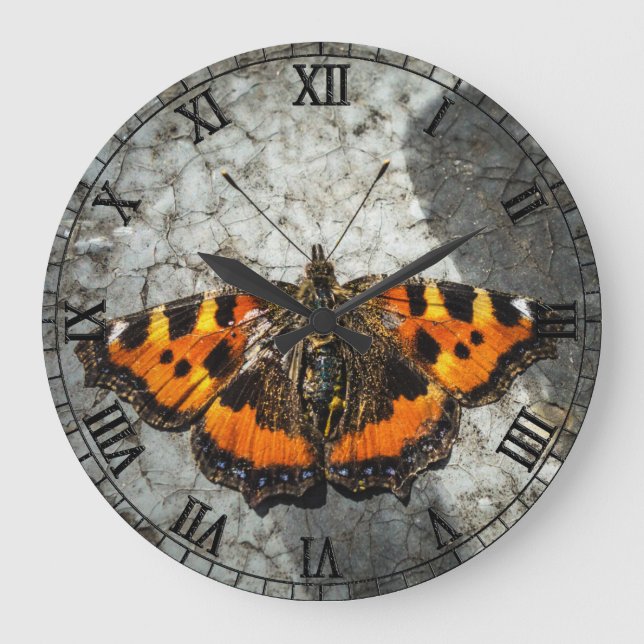 Small Tortoiseshell Orange Butterfly Grunge Art Large Clock (Front)