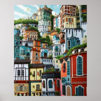 Small Tourist town many colourful houses beautiful Poster