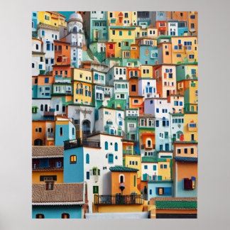 Small Tourist town many colourful houses Poster
