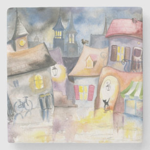 Small town at night stone coaster