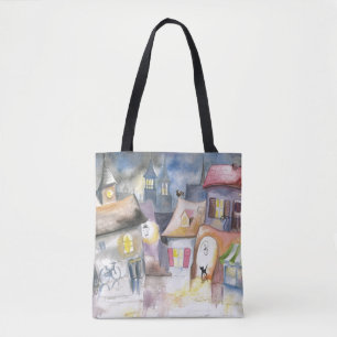 Small town at night tote bag