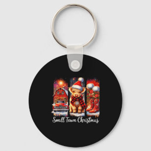 Small Town Christmas Highland Cow Western Art  Keychain