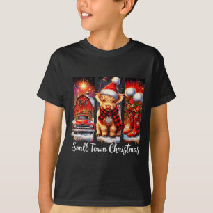 Small Town Christmas Highland Cow Western Art T-Shirt