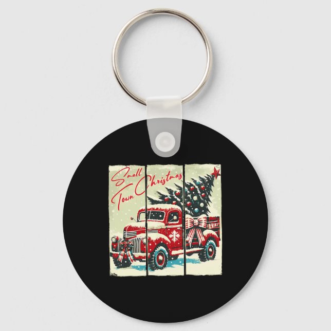 Small Town Christmas Red Truck Christmas Tree Vint Keychain (Front)