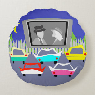 Small Town Drive-In Movie Round Throw Pillow