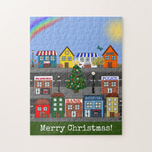Small Town Neighbourhood Merry Christmas Jigsaw Puzzle