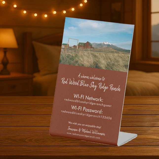Small Vacation Rental WIFI Access -Custom Photo Pedestal Sign (guest wifi and network access sign with custom photo option for vacation rental properties)