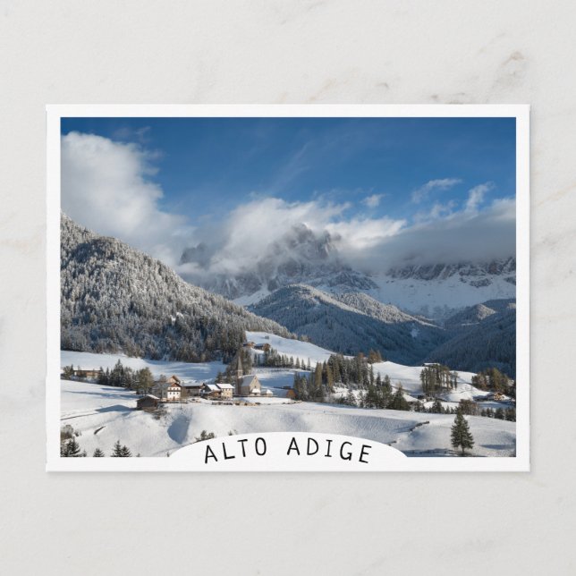 Small village with Dolomites mountains in the snow Postcard (Front)