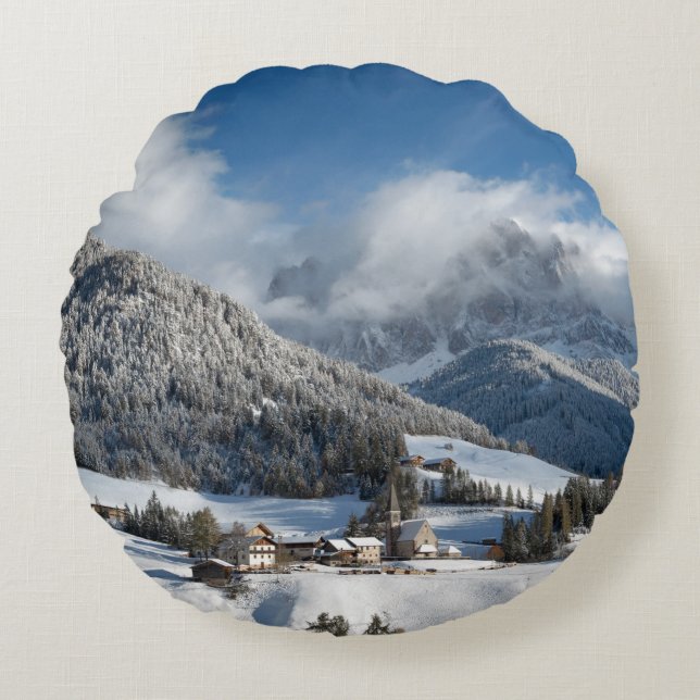 Small village with Dolomites mountains in the snow Round Pillow (Front)