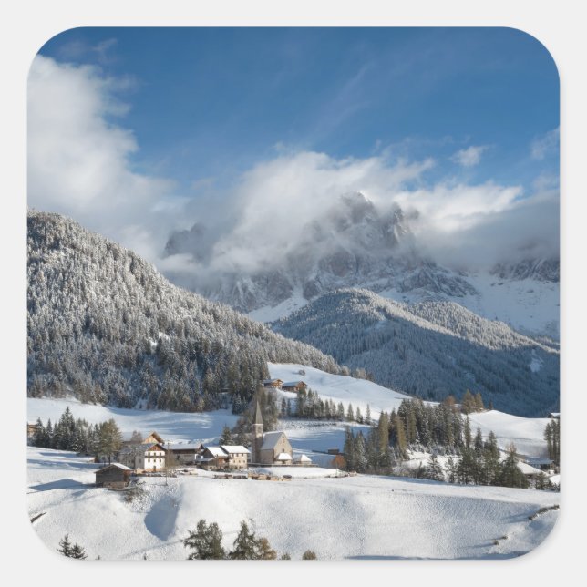 Small village with Dolomites mountains in the snow Square Sticker (Front)