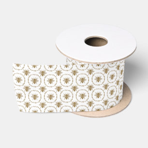 Small Vintage Gold Bee Wreath Pattern on Cream Satin Ribbon